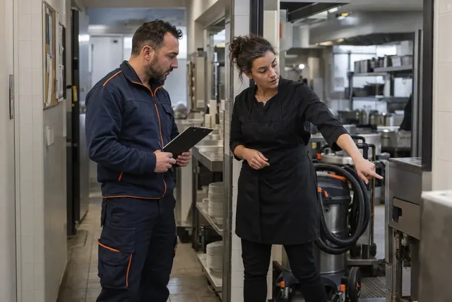 Technicien et responsable de cuisine préparant l'accès à un bac à graisse en restaurant.