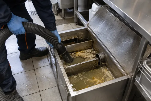 Flexible de pompage dans un bac à graisse ouvert, manipulé par un technicien portant des gants.