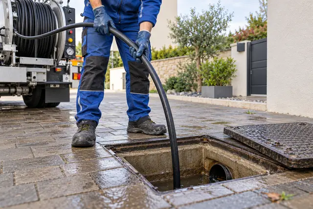 Technicien guidant un flexible de nettoyage dans un regard de canalisation accessible.