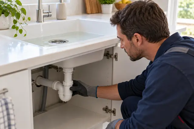 Évier dont l'eau s'évacue lentement, avec un technicien examinant le siphon accessible.