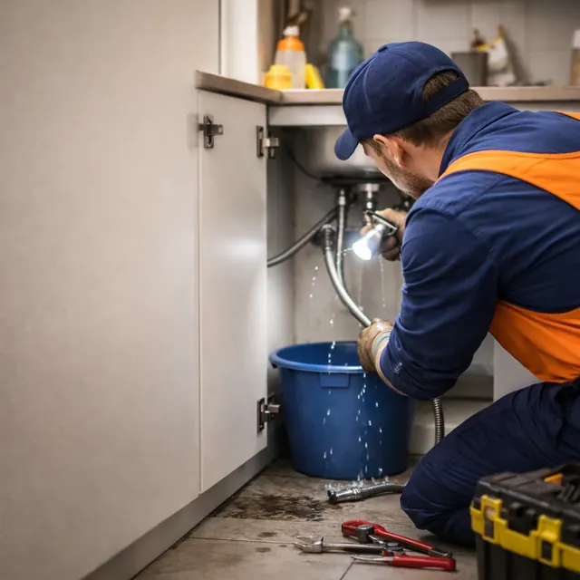 Technicien examinant les raccords et le siphon sous un évier.
