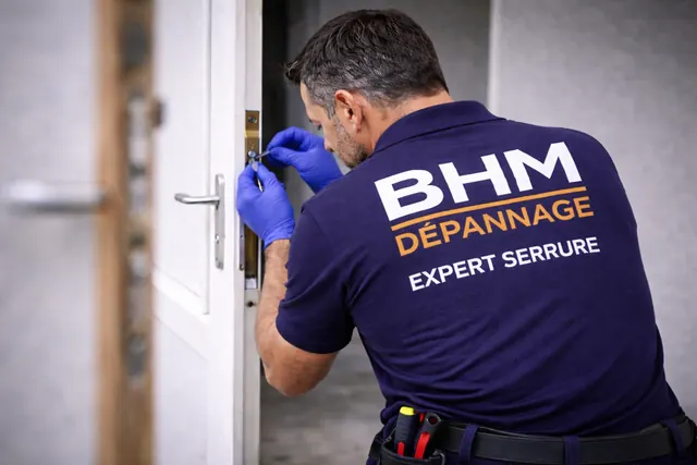 Technicien en tenue BHM travaillant sur la serrure d'une porte.